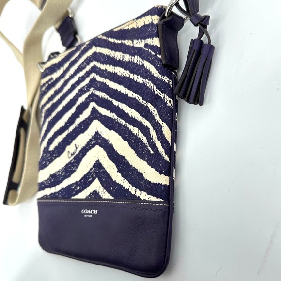 Coach Legacy Zebra Print Canvas Leather Trim Crossbody Bag Purse Purple 23410 - Picture 6 of 13